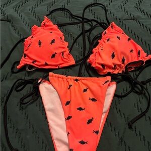 SHEIN Orange and Black Fish Print Bikini